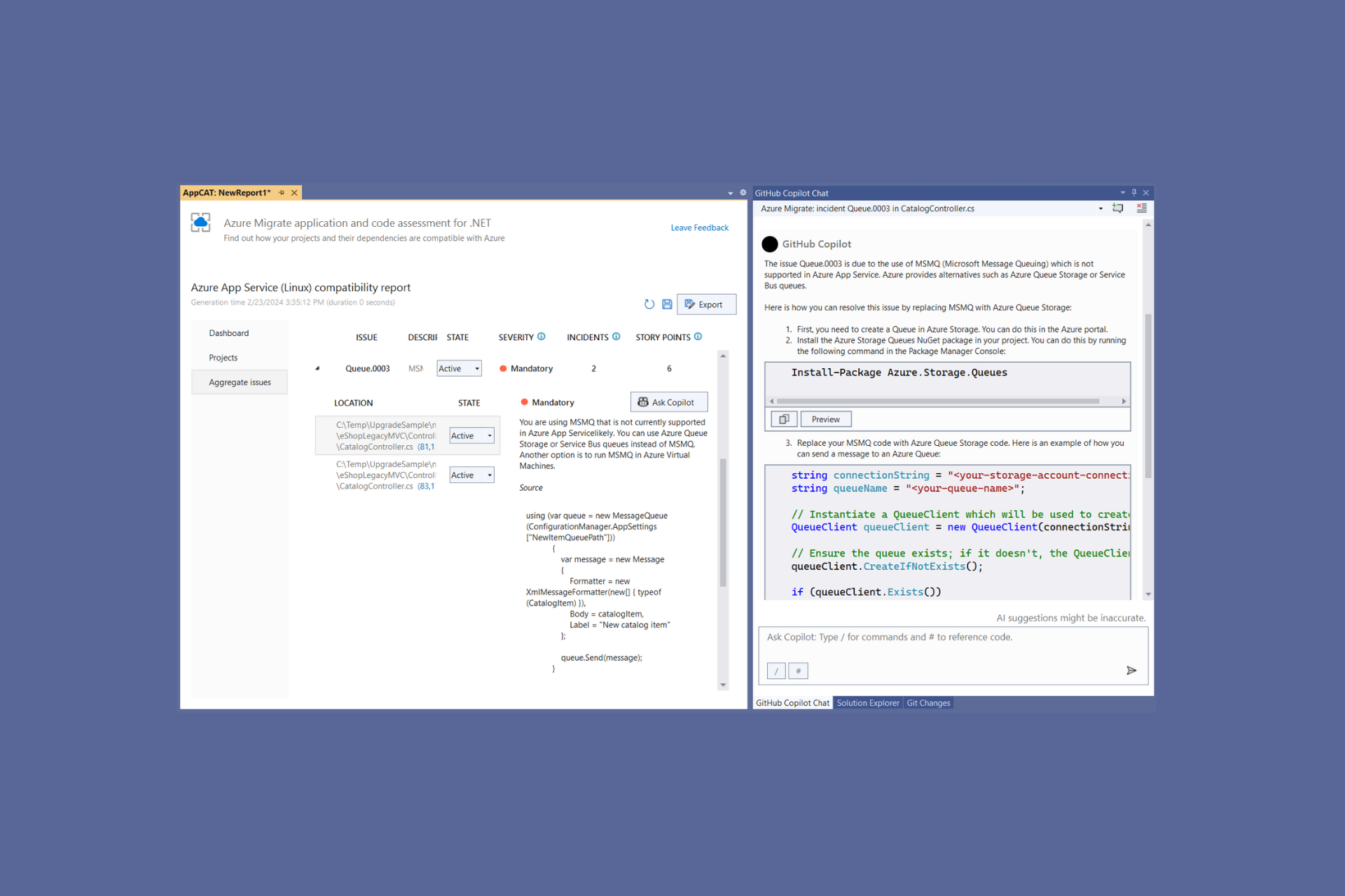 GitHub Copilot Chat added to Azure Migrate tool in Visual Studio