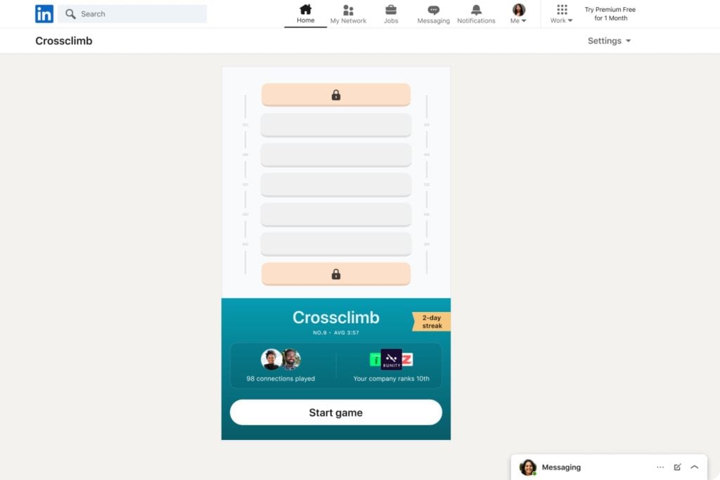 LinkedIn game Crossclimb desktop