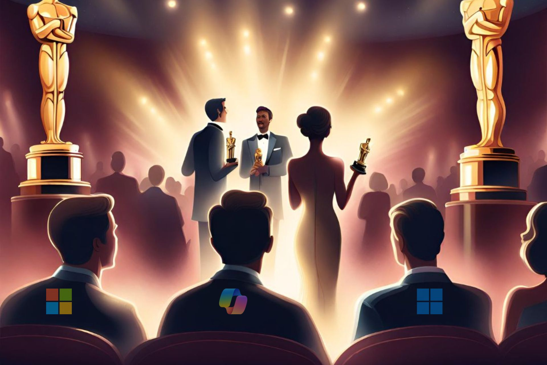 Academy Awards with Windows 11, Microsoft and Copilot's logos
