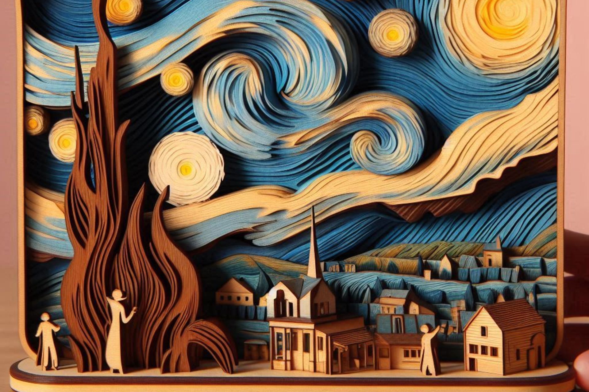Vincent van Gogh Starry Night reimagined as a 3d wooden model by AI to promote accessibility