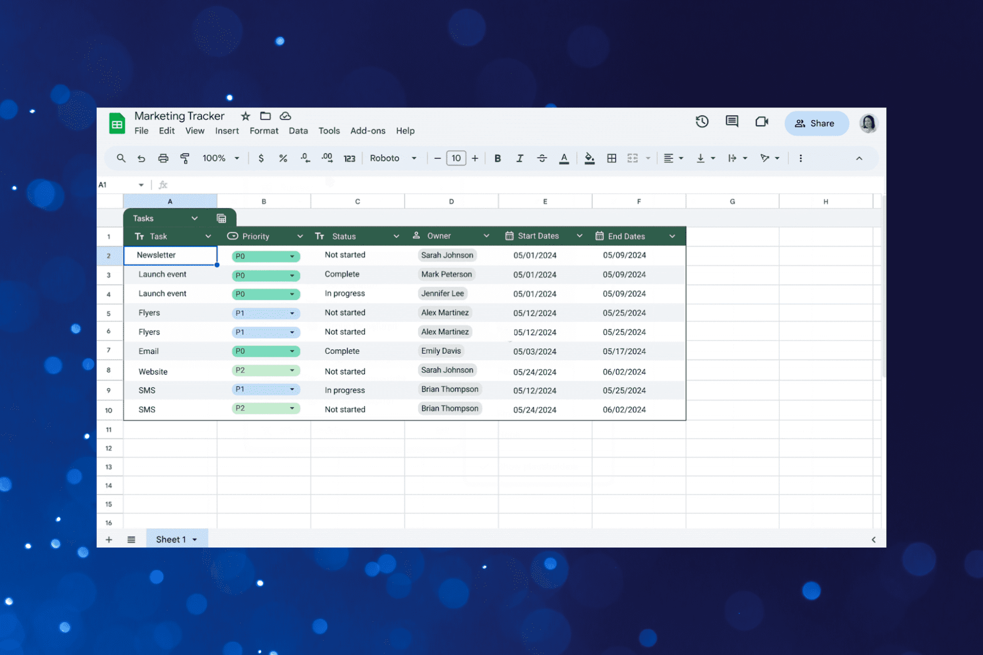 google sheets table formatting