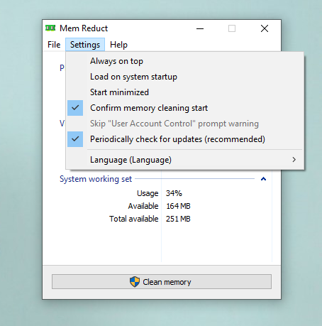 Mem Reduct settings