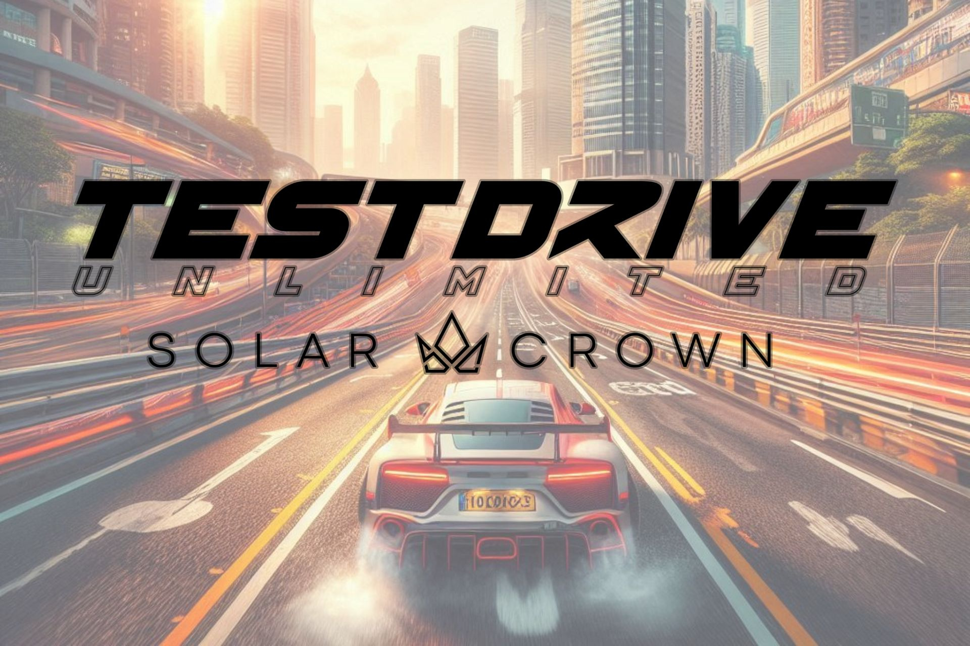 Test Drive Unlimited Solar Crown logo on an AI generated image of a car racing through Hong Kong