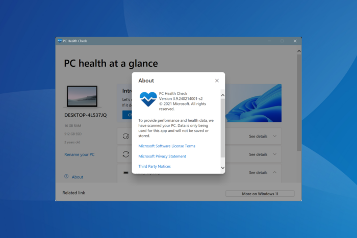 update Windows PC health check app
