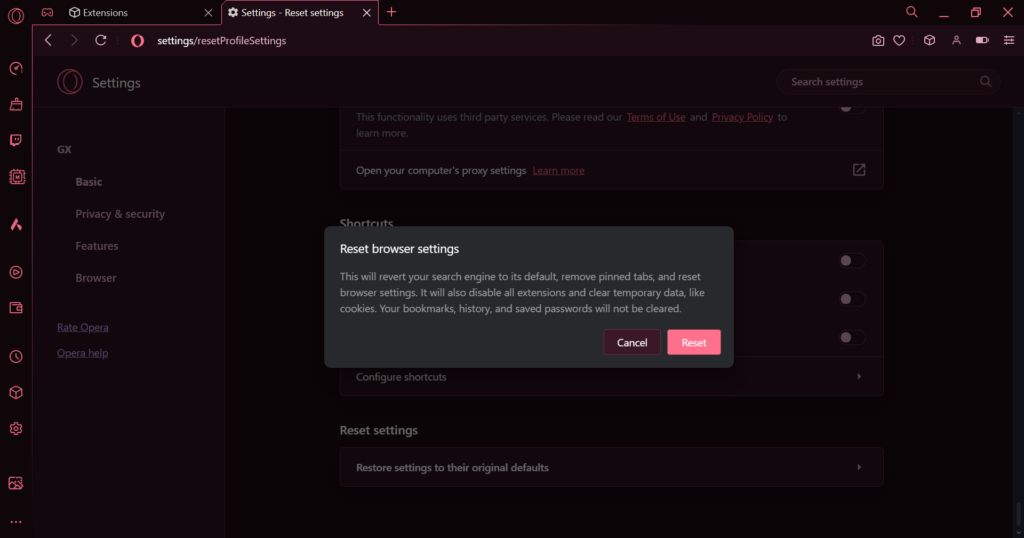 reset to default to manage opera gx extensions