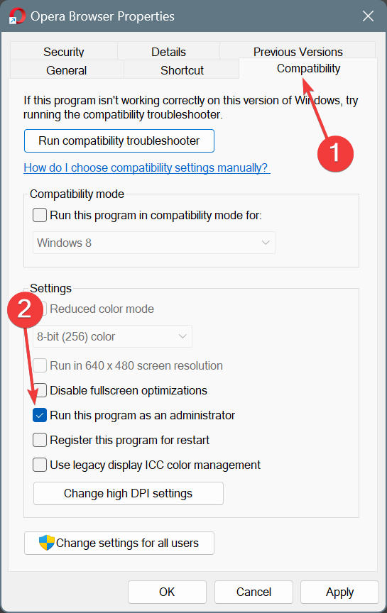 run Opera as an administrator