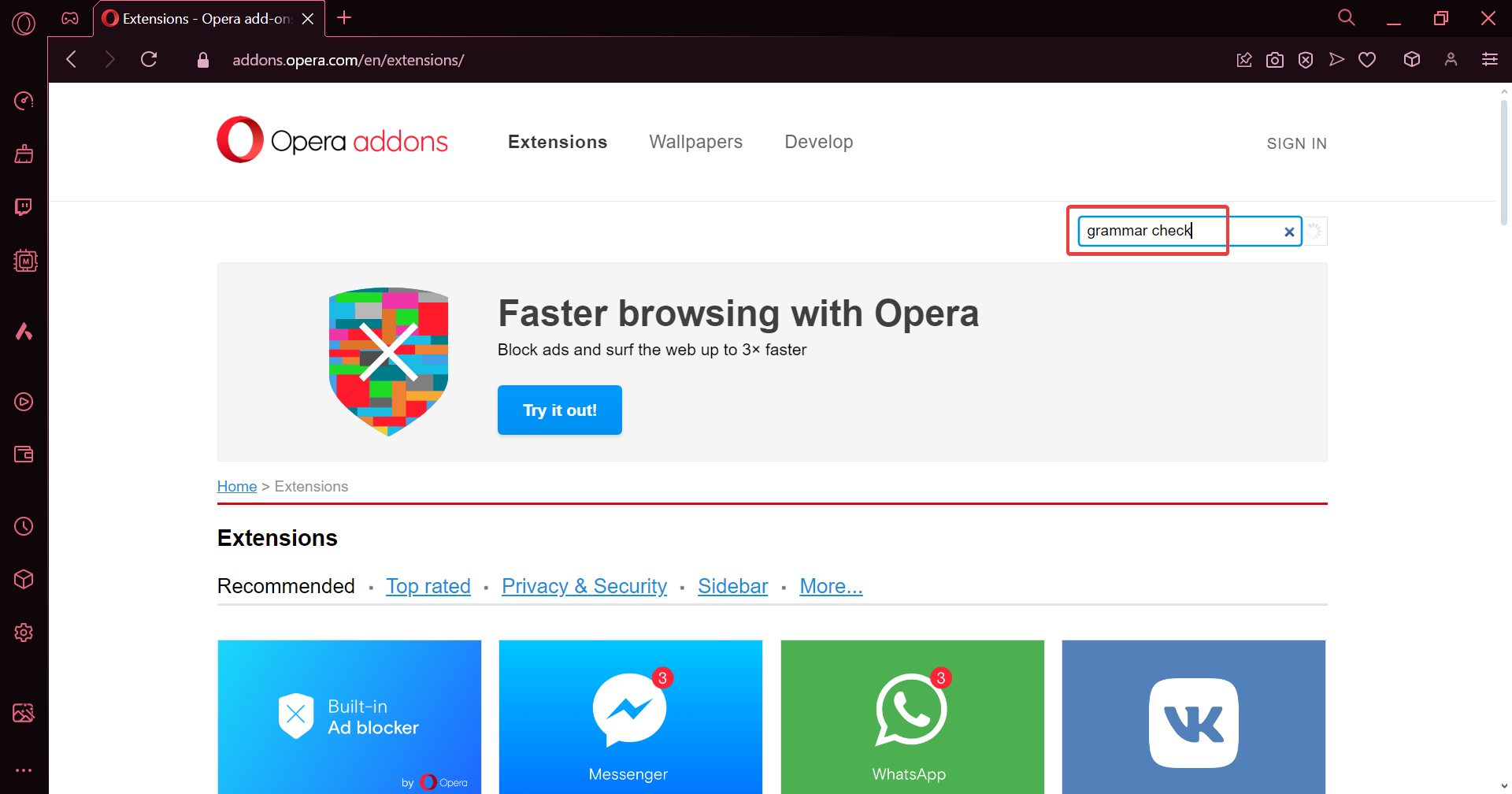 search for extensions opera gx