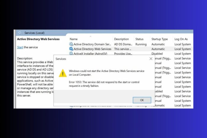 How to fix the active directory web services not running error 1053