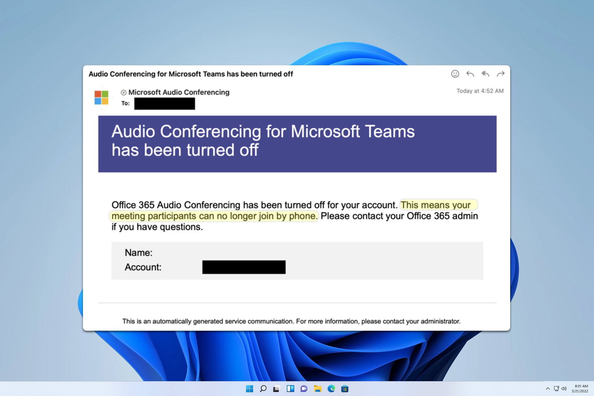 audio conferencing for microsoft teams has been turned off