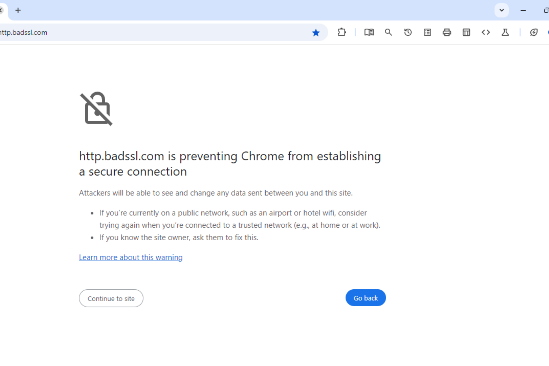 This Site is preventing Chrome from establishing a secure conneciton warning