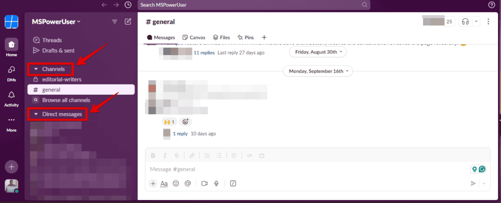 Channels and direct message