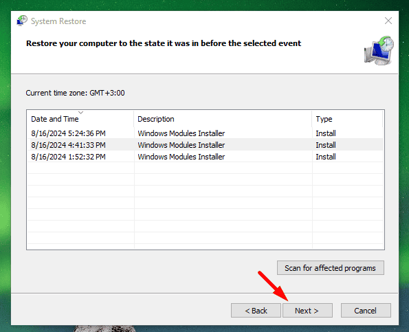 Select a restore point