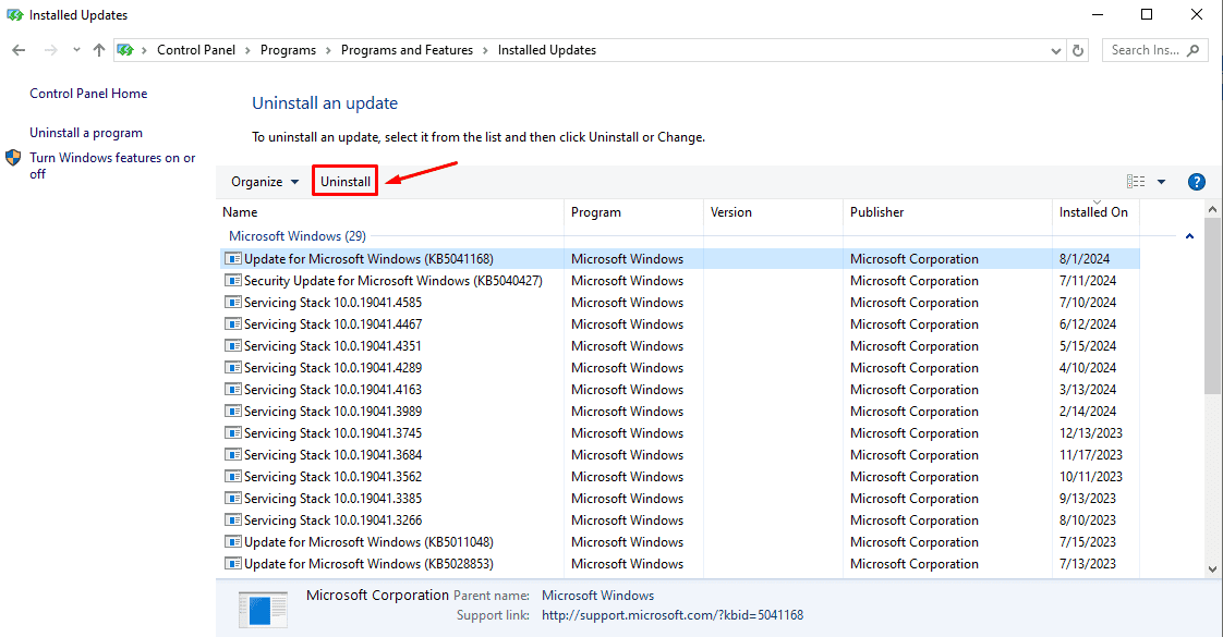 click uninstall