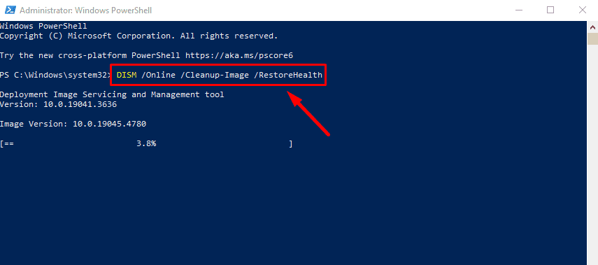 Type DISM /Online /Cleanup-Image /RestoreHealth