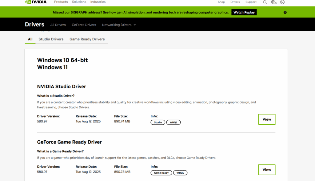 nvidia driver download page on the official website