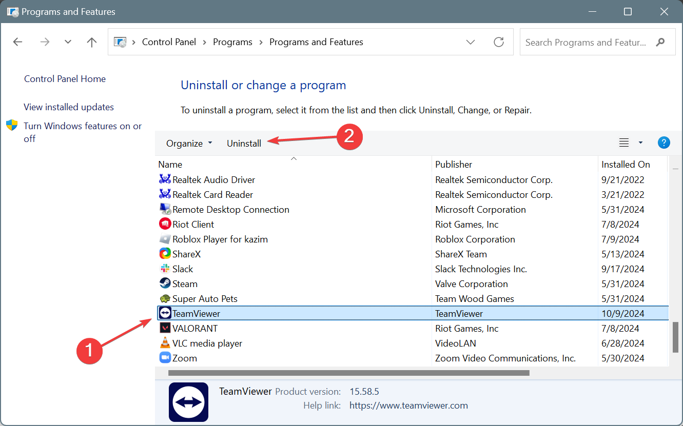 uninstall to fix teamviewer database error