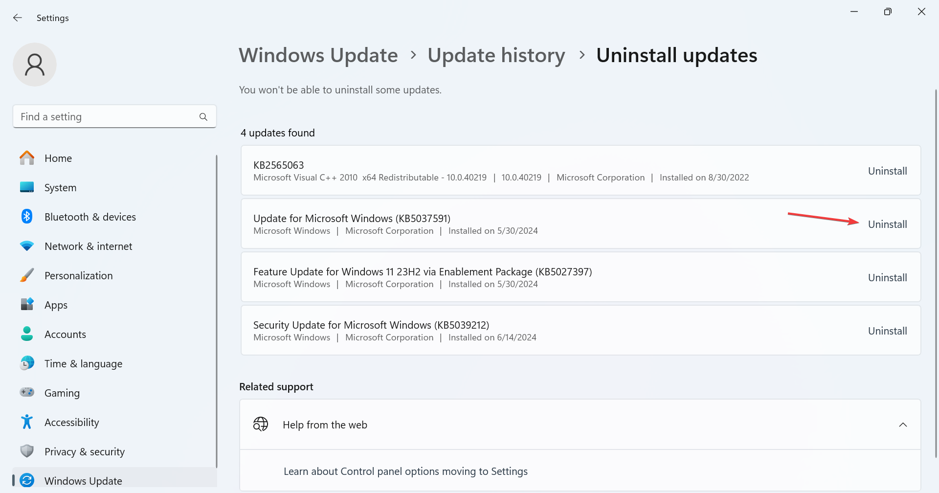 uninstall updates to fix CompPkgSup.dll