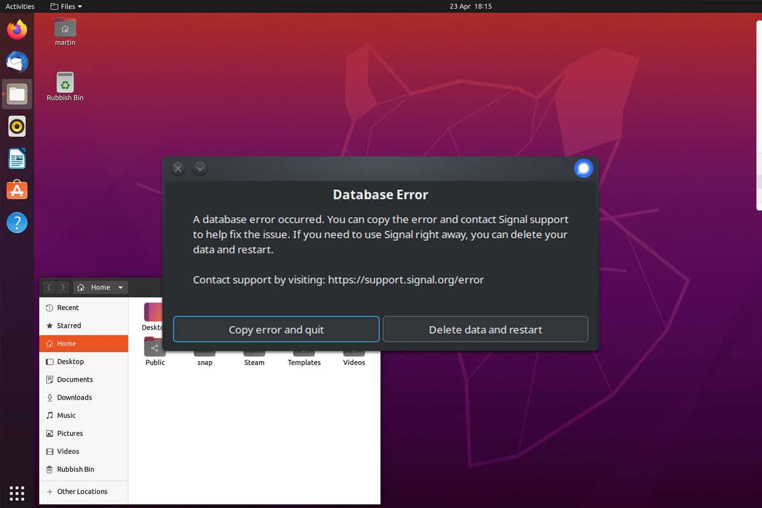 signal desktop database error
