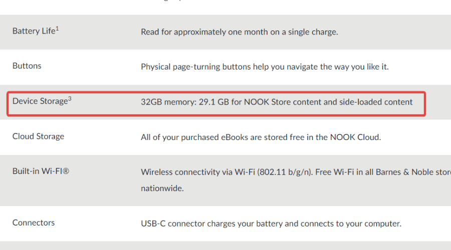 nook device storage