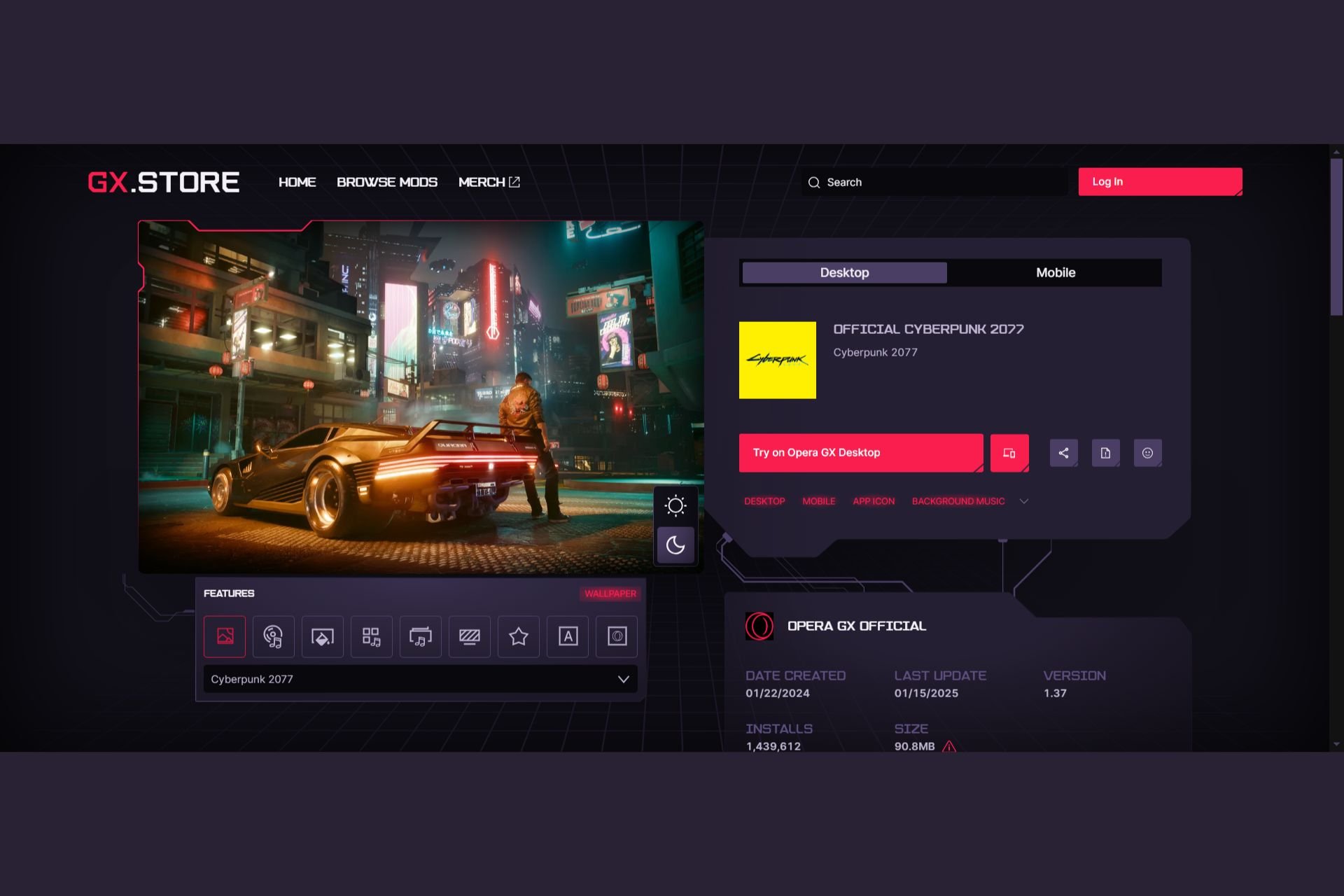 Opera GX released the Cyberpunk 2077 hub and mod