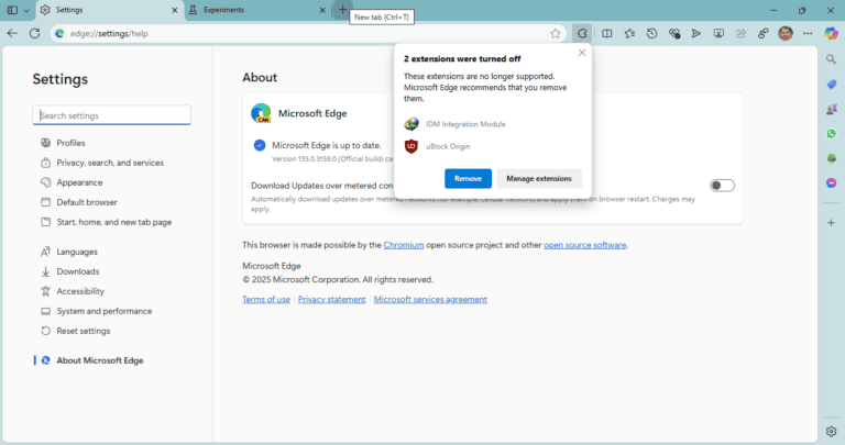 Microsoft Edge disables UBlock Origin other Manifest V2 Extensions