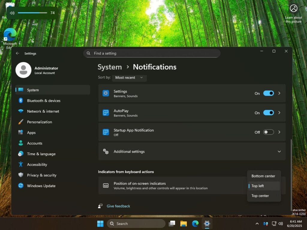 On-screen indicators position Windows 11