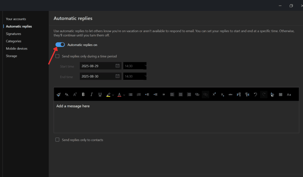 Toggle ON automatic replies