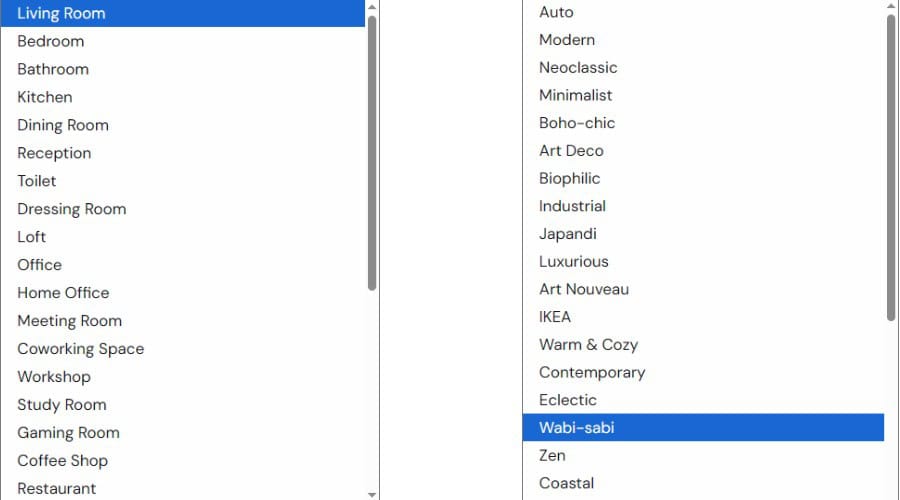AI room type and styles