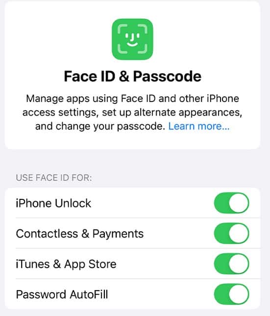 face id settings