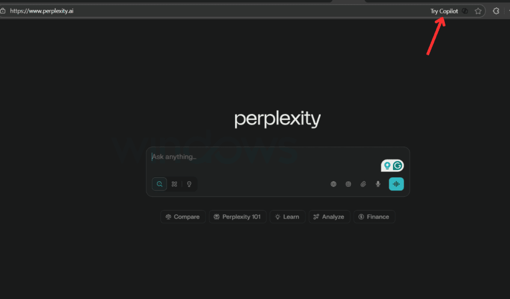Try Copilot when opening Perplexity AI