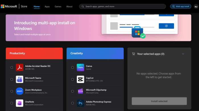 Multi-app install Microsoft Store website