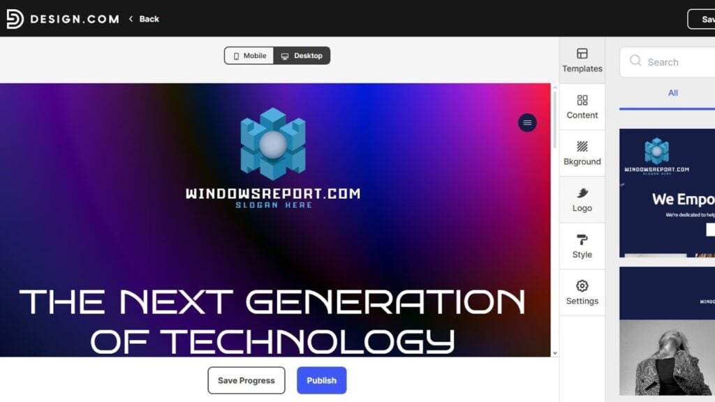 Opciones del creador de sitios web design.com