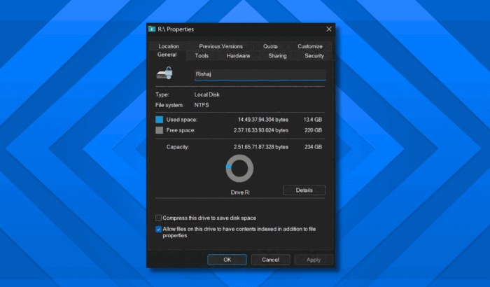 Dark theme Properties tab