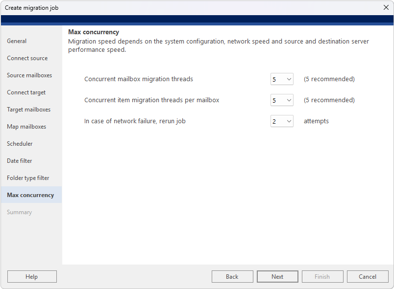 Concurrency — Concurrency setting controlling how many mailboxes migrate simultaneously