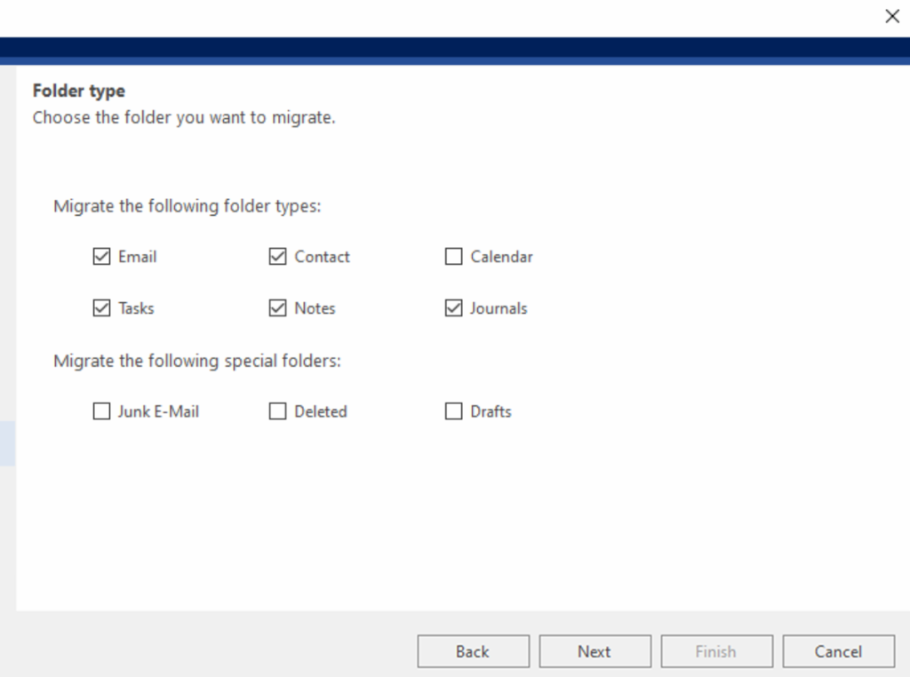 Folder type filter — Folder type filter selecting email, contacts, calendar, tasks, and notes