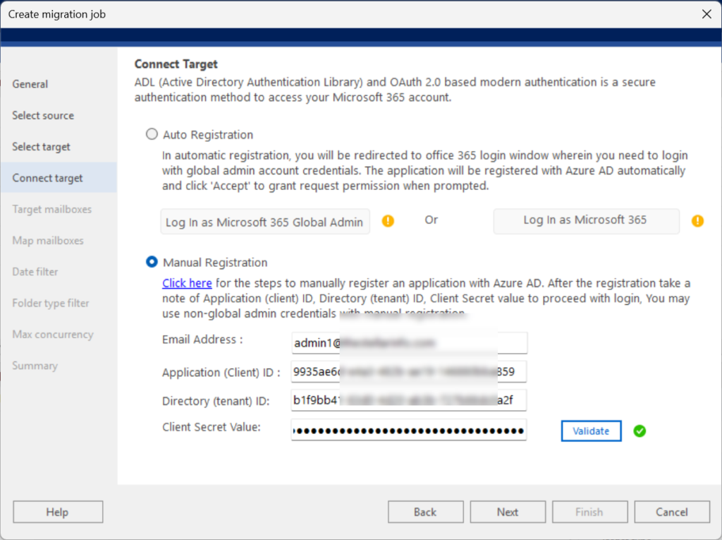 Manual registration — Manual Microsoft 365 registration with Application ID, Tenant ID, and Client Secret fields