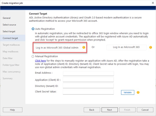 Connecting the target Microsoft 365 environment using auto or manual registration