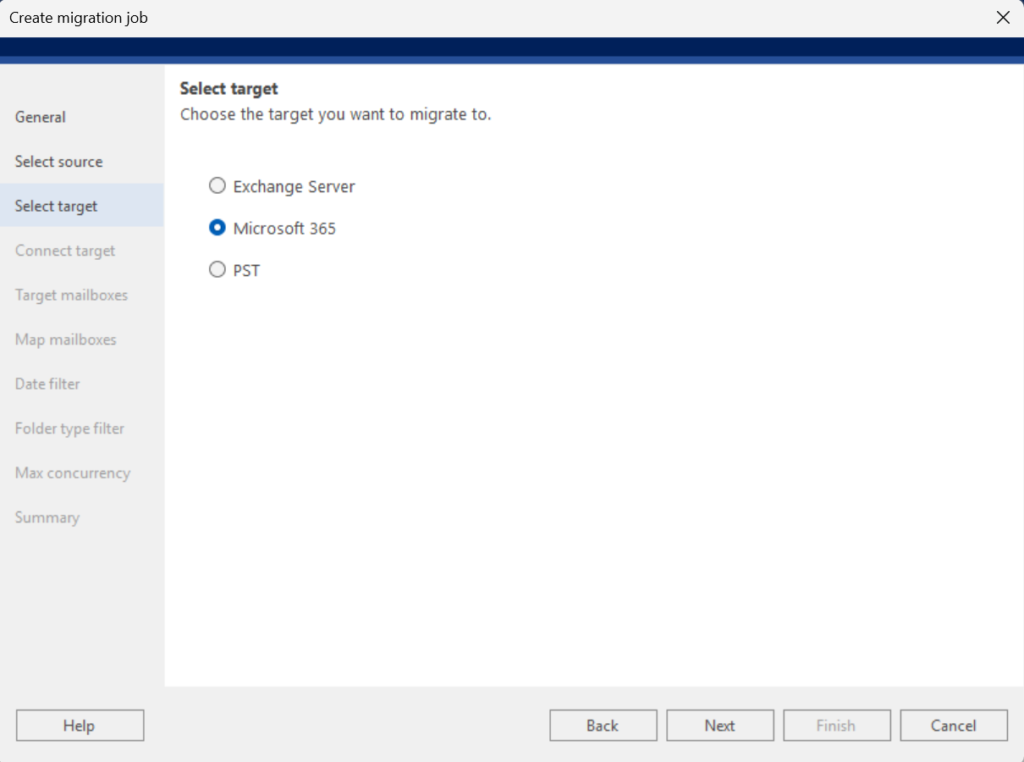 Selecting Microsoft 365, Exchange Server, or PST as the migration target