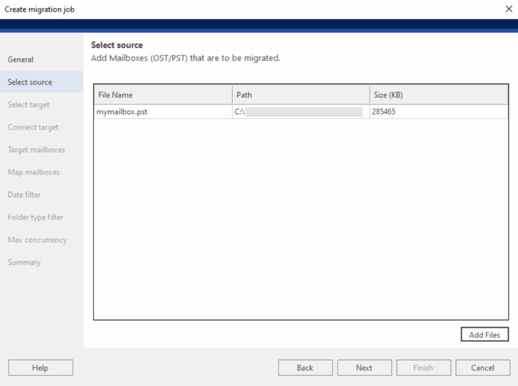 Adding source PST or OST files showing filename, path, and size