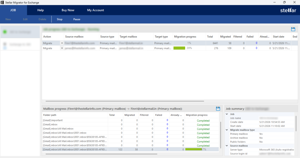 Stellar Migrator for Exchange dashboard monitoring mailbox migration progress, migration statistics, and job summary for Exchange to Microsoft 365 migration. 