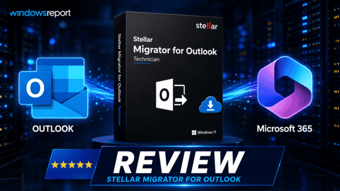 Stellar Migrator for Outlook review banner showing PST to Office 365 migration tool