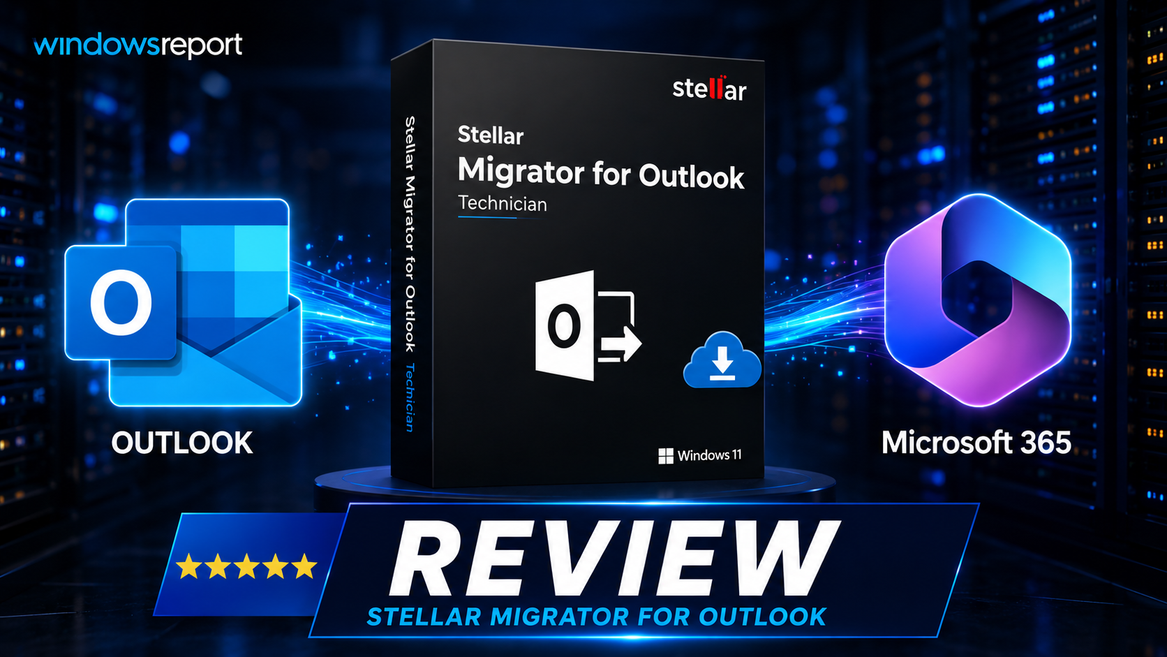 Stellar Migrator for Outlook review banner showing PST to Office 365 migration tool