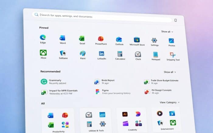 26H1 Insider Release Preview Build 28000.2597 start menu