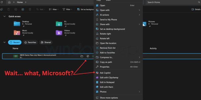 Copilot entry two times in File Explorer Home