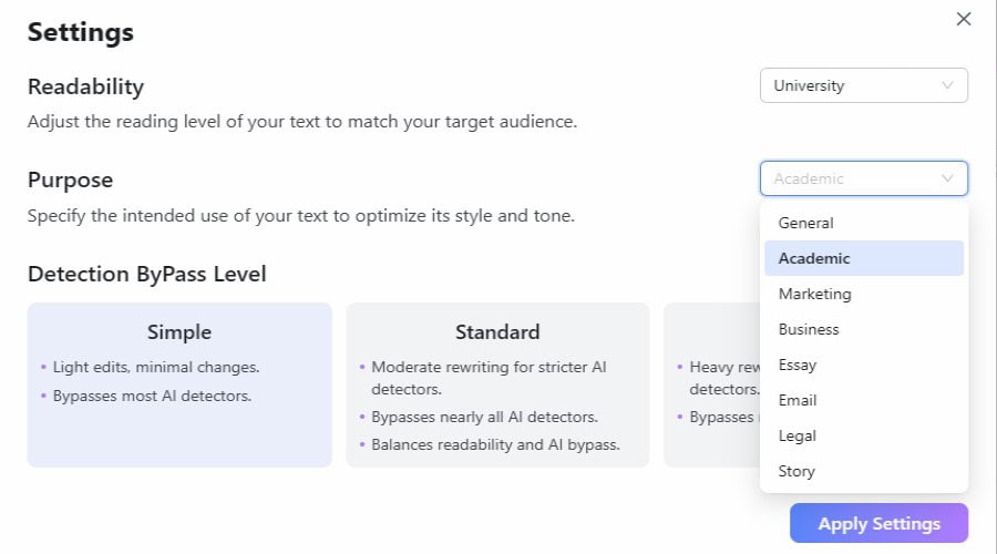 AI humanizer settings
