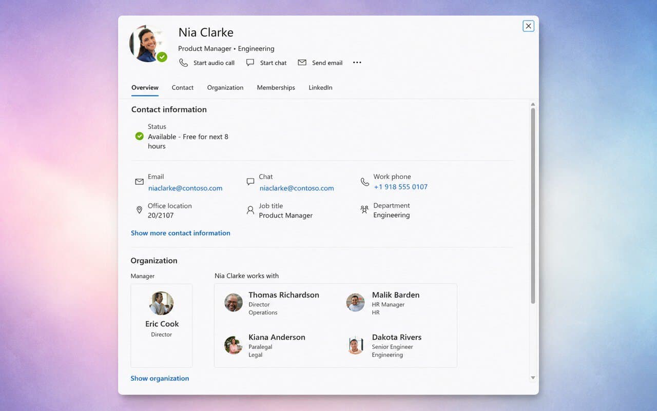 outlook people card