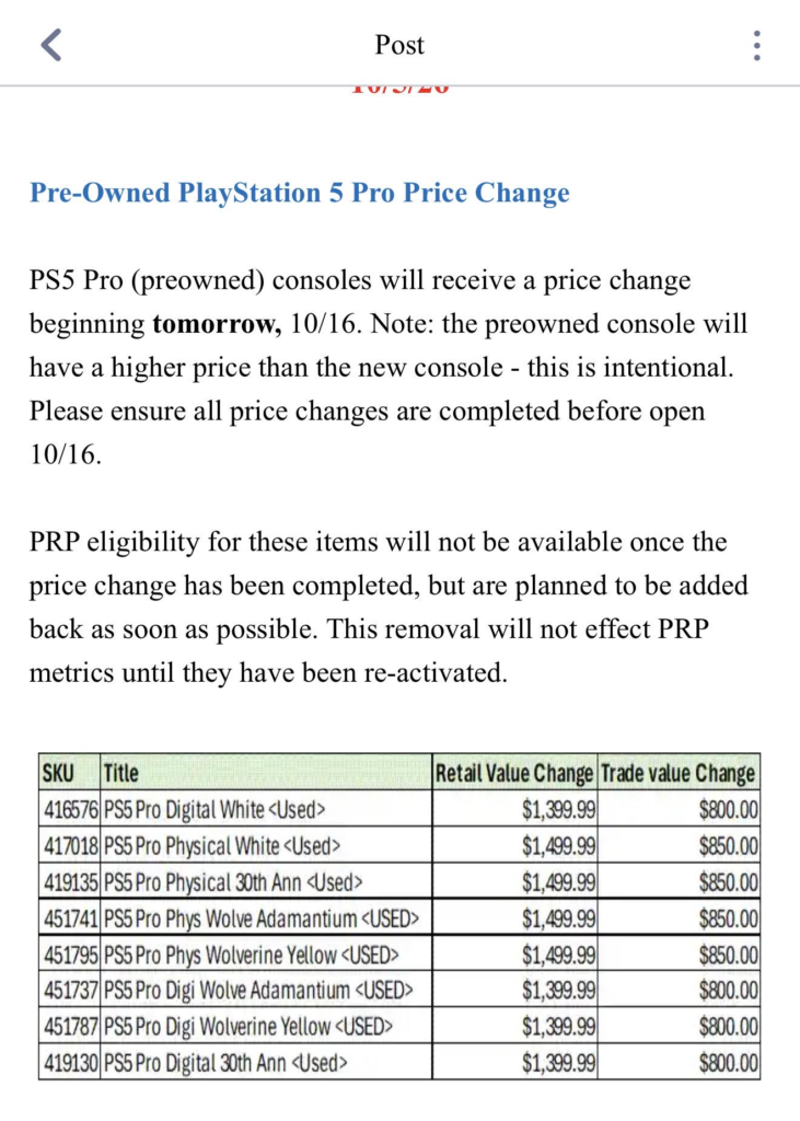 GameStop ps5 pro price notice leaked