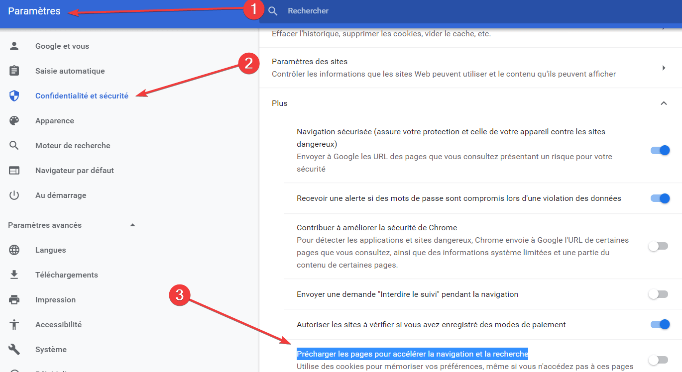google chrome desactiver option precharge des pages