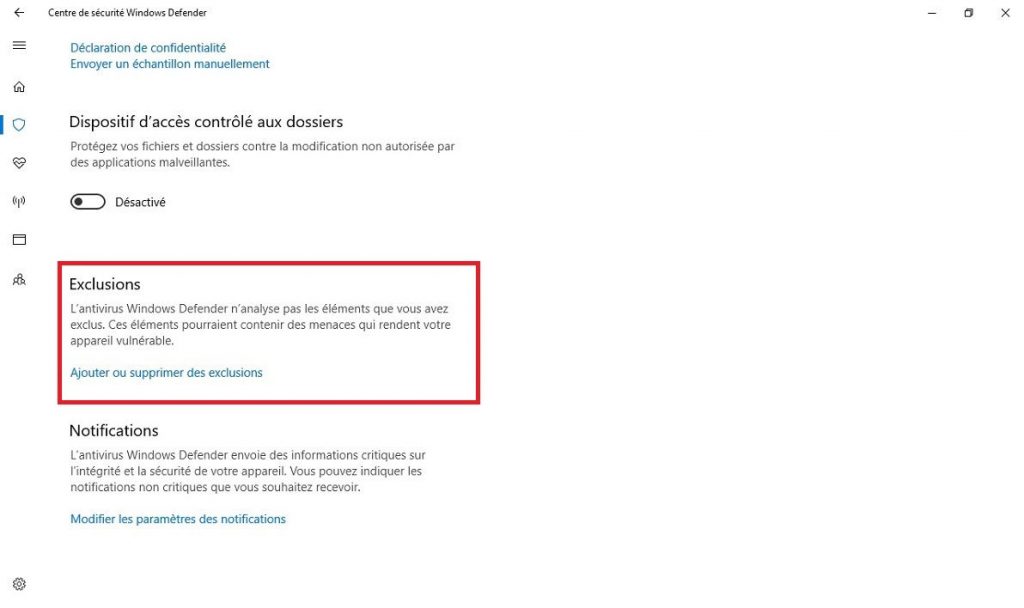Ajouter ou supprimer des exclusions et autorisations dans pare-feu Windows Defender