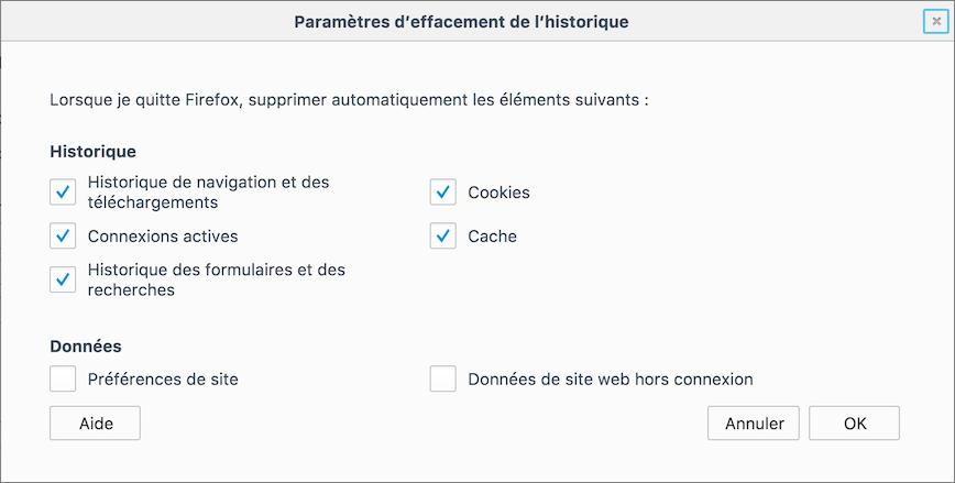 Paramètres effacement cookies et cache sur Firefox